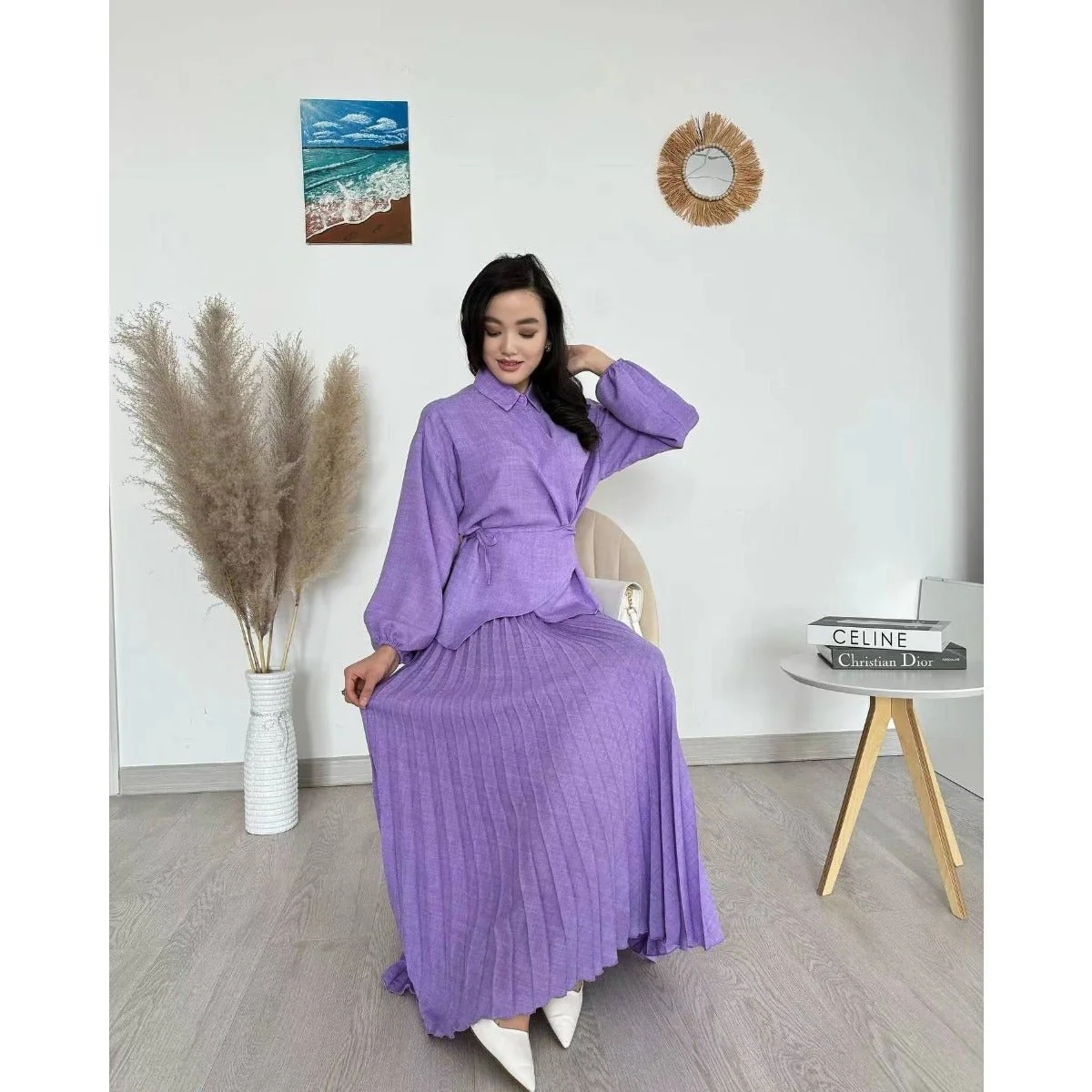 Modest Cross-Wrap Top with Matching Maxi Skirt Pleated Skirt Suit Set (MS092) - Image 5