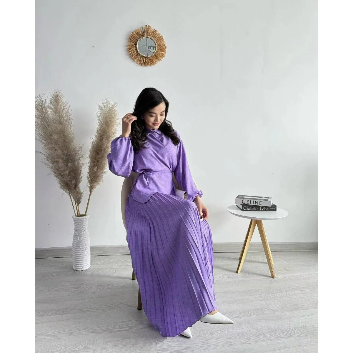 Modest Cross-Wrap Top with Matching Maxi Skirt Pleated Skirt Suit Set (MS092) - Image 6