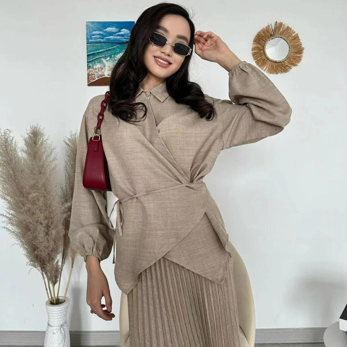 Modest Cross-Wrap Top with Matching Maxi Skirt Pleated Skirt Suit Set (MS092) - Image 7