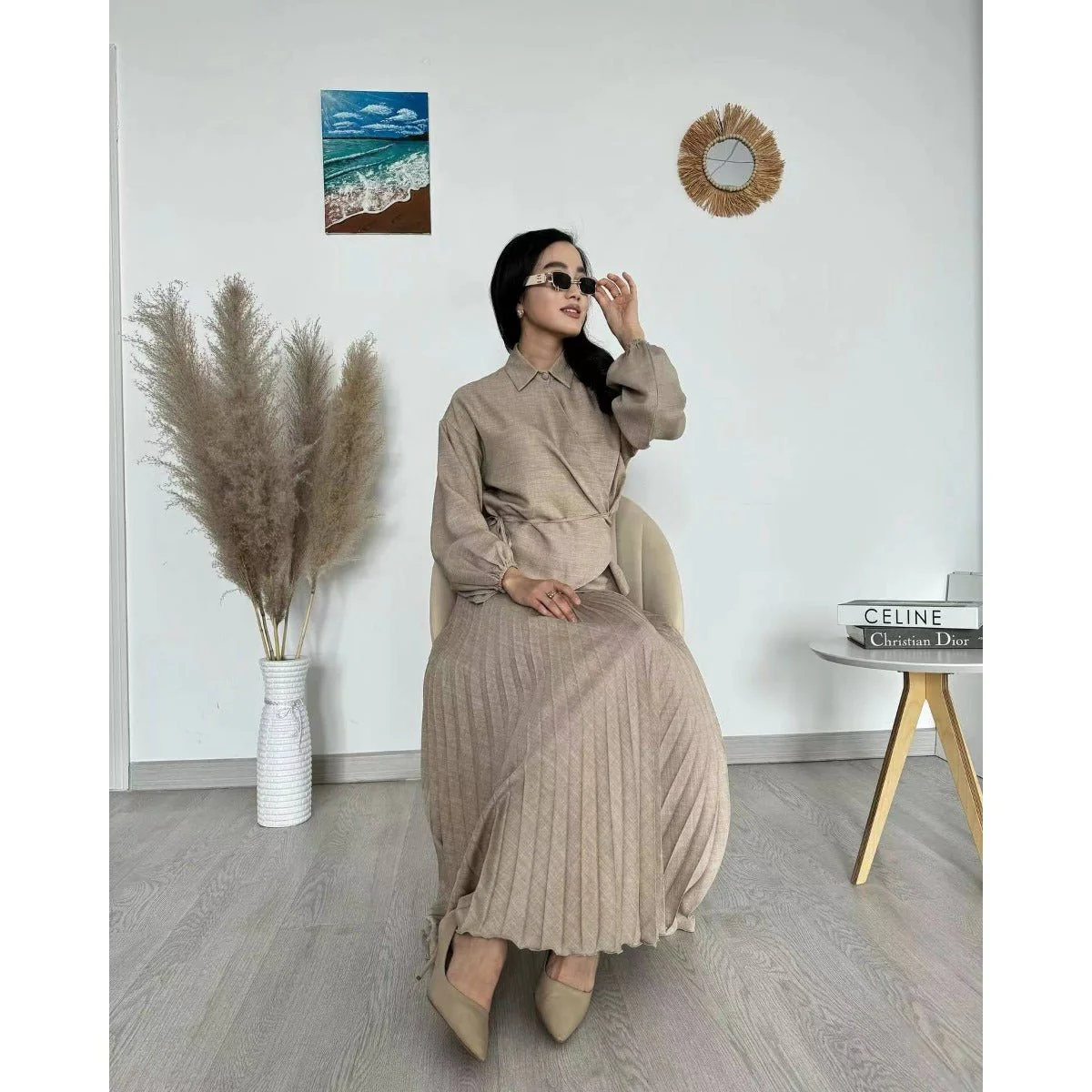 Modest Cross-Wrap Top with Matching Maxi Skirt Pleated Skirt Suit Set (MS092) - Image 8