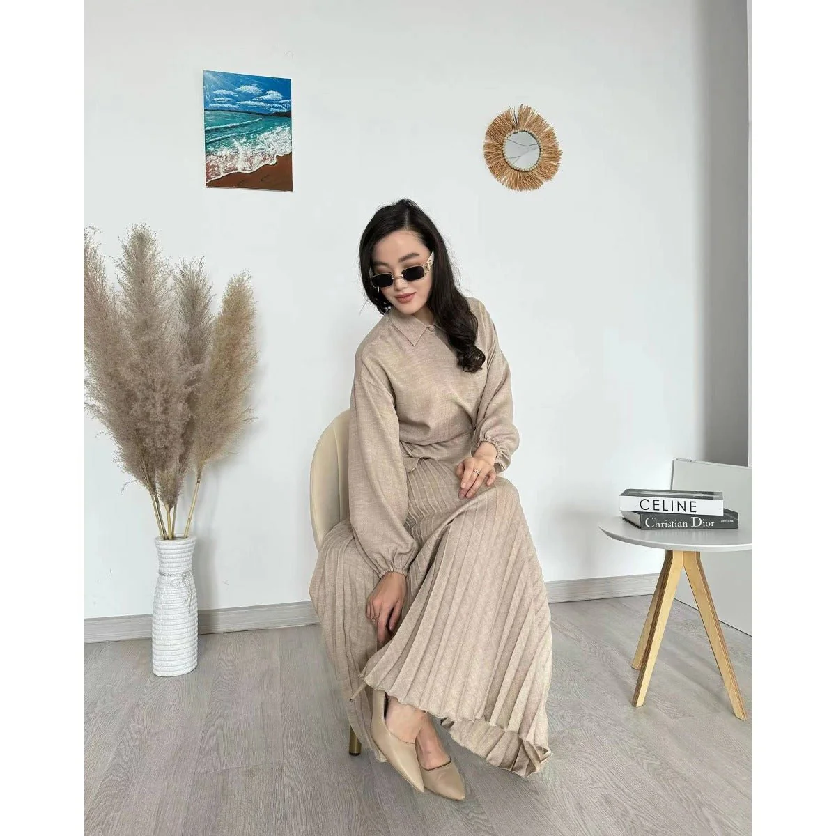 Modest Cross-Wrap Top with Matching Maxi Skirt Pleated Skirt Suit Set (MS092) - Image 9