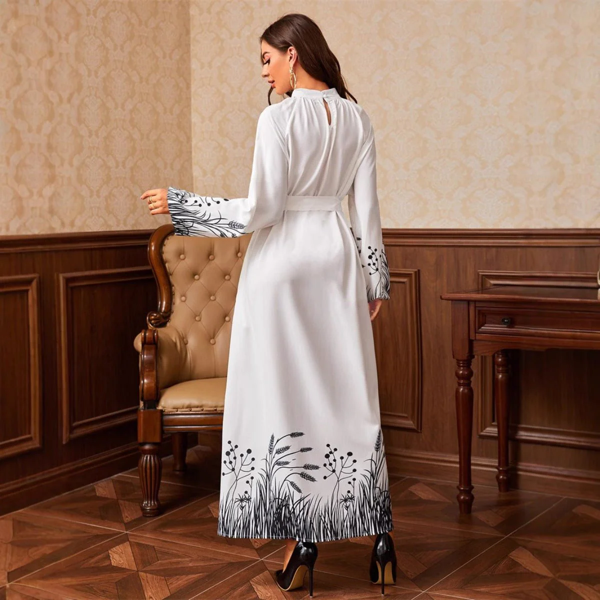 Modest Elegant Botanical Print Maxi Dress | White Crew Neck Long Sleeve Dress(MA267) - Image 2