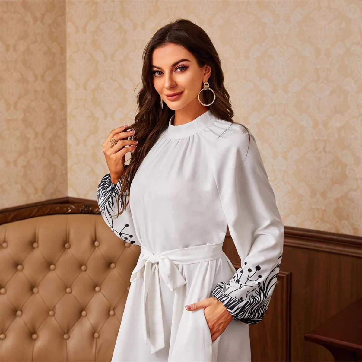 Modest Elegant Botanical Print Maxi Dress | White Crew Neck Long Sleeve Dress(MA267) - Image 3