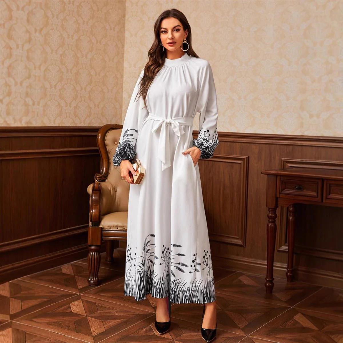 Modest Elegant Botanical Print Maxi Dress | White Crew Neck Long Sleeve Dress(MA267) - Image 4