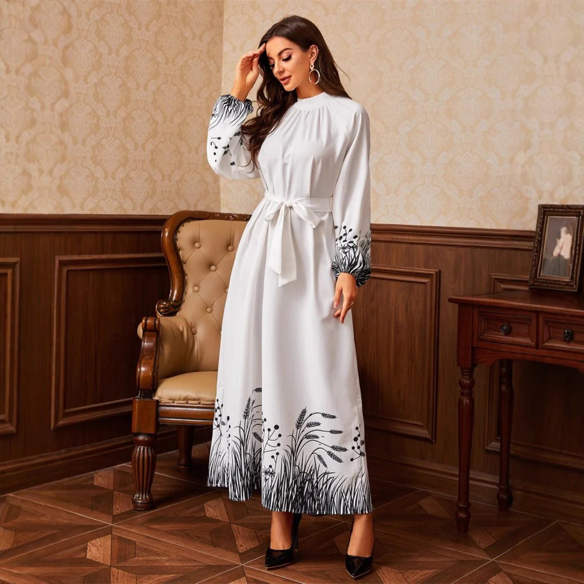 Modest Elegant Botanical Print Maxi Dress | White Crew Neck Long Sleeve Dress(MA267) - Image 5