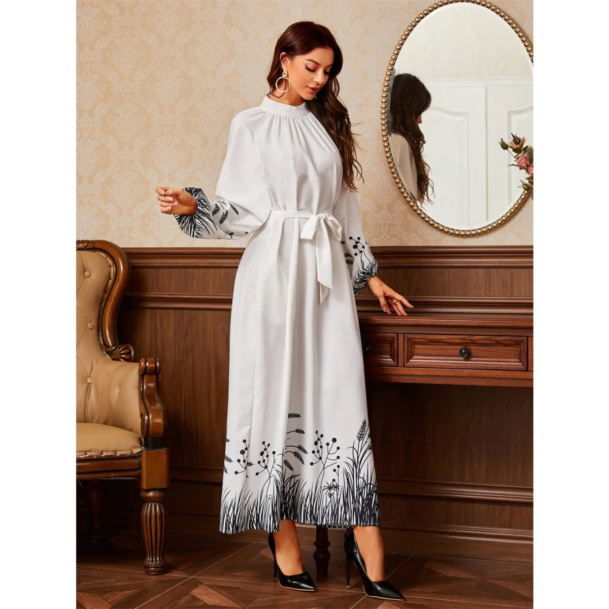 Modest Elegant Botanical Print Maxi Dress | White Crew Neck Long Sleeve Dress(MA267) - Image 6