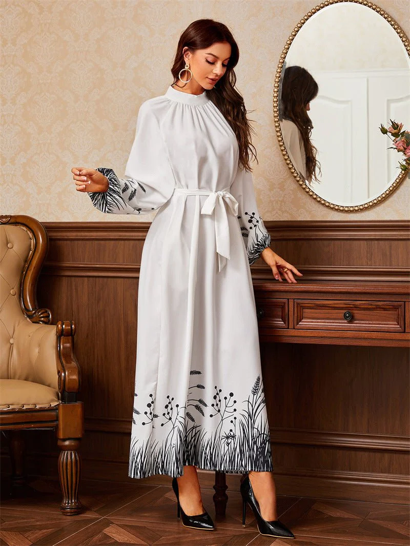 Modest Elegant Botanical Print Maxi Dress | White Crew Neck Long Sleeve Dress(MA267) - Image 7