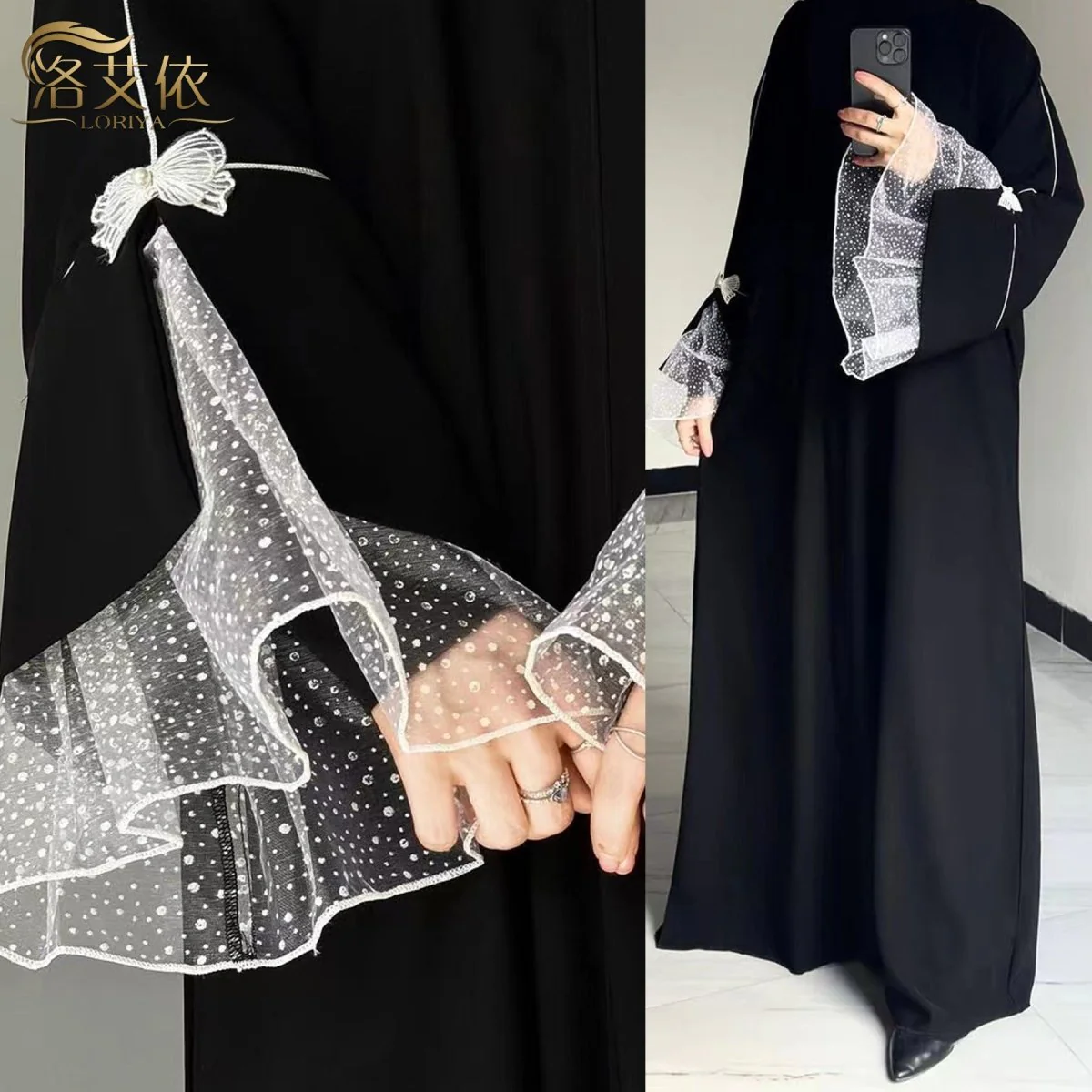 Modest Fashion Elegant Splicing Lace Abaya Butterfly Details Dress Robe(MA159)