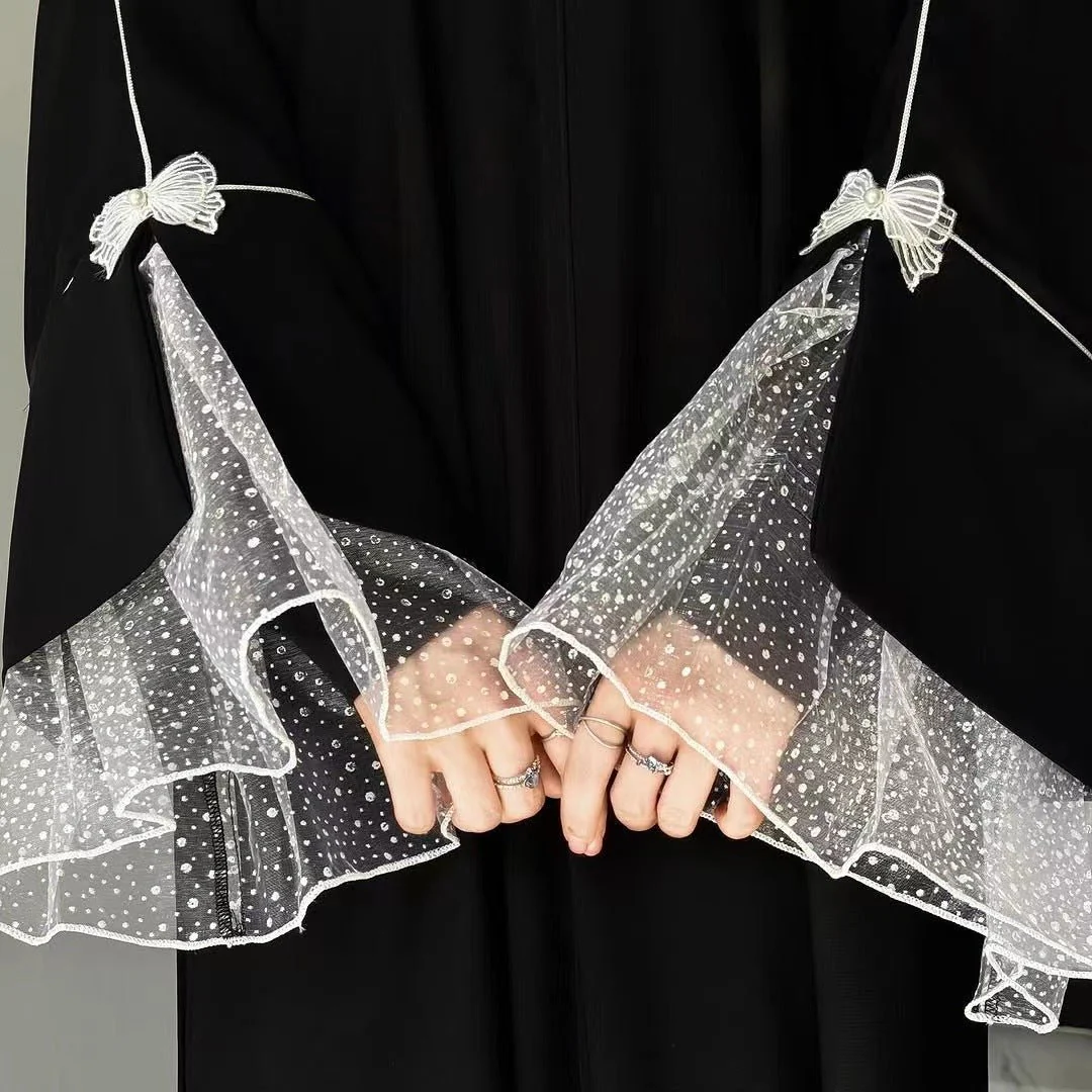 Modest Fashion Elegant Splicing Lace Abaya Butterfly Details Dress Robe(MA159) - Image 2