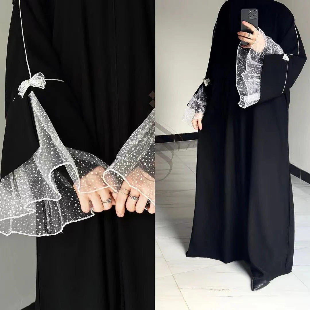 Modest Fashion Elegant Splicing Lace Abaya Butterfly Details Dress Robe(MA159) - Image 4