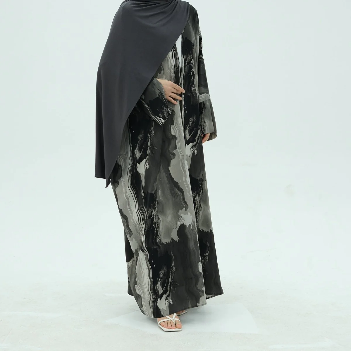 Modest Islamic Fashion Artistic Floral Geometric Designs Elegant Printed Cardigan Abaya (MOA154) - Image 3