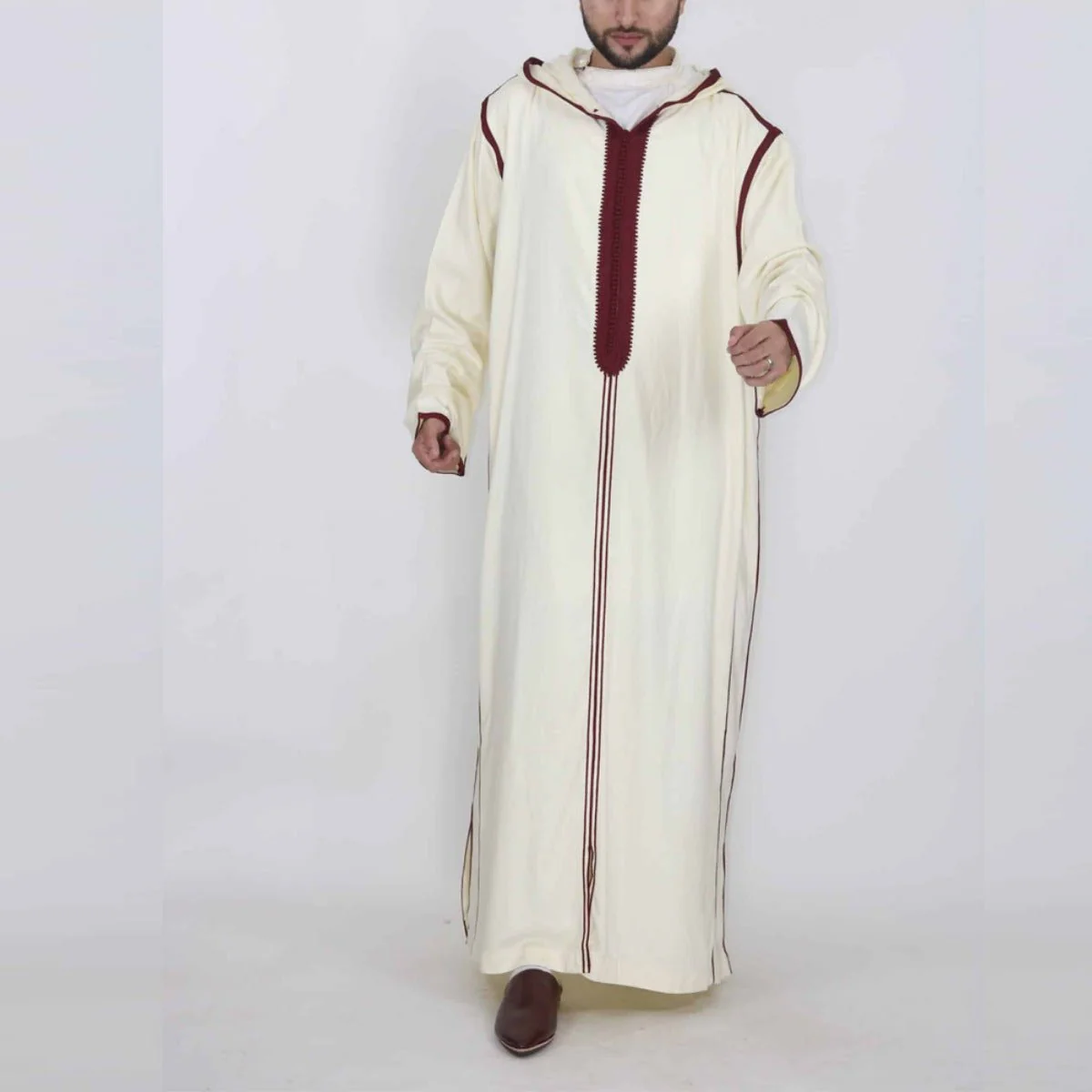 Modest Islamic Fashion Premium Long Burgundy Embroidered Thobe for Men Hooded Muslim Robe (MT027) - Image 3