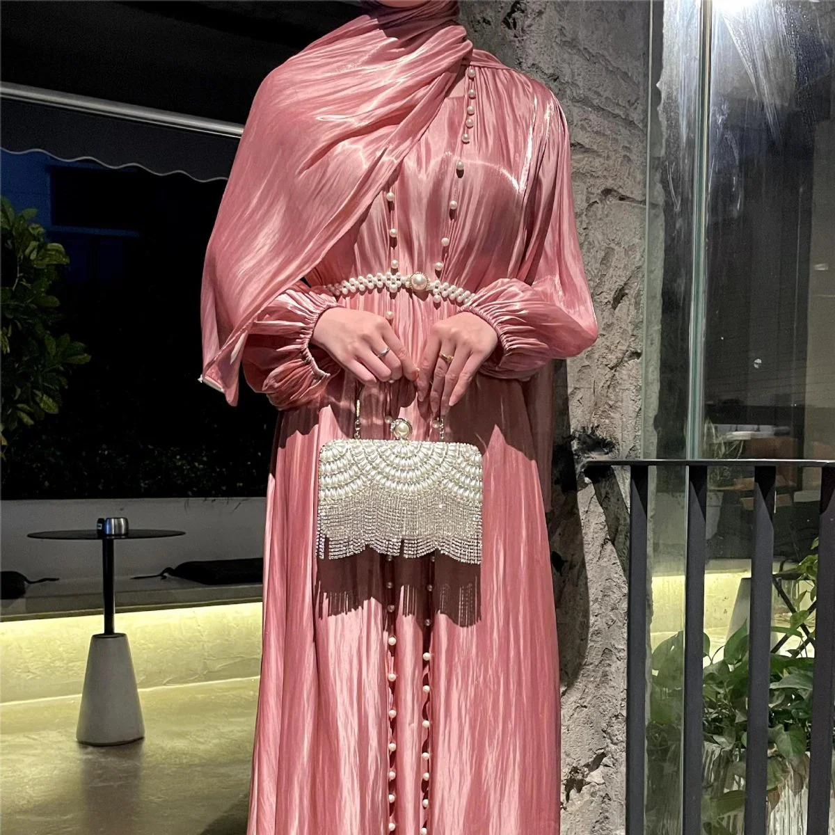 Modest Luxe Pearl-Embellished Streamer Evening Abaya Dress (MOA149) - Image 3