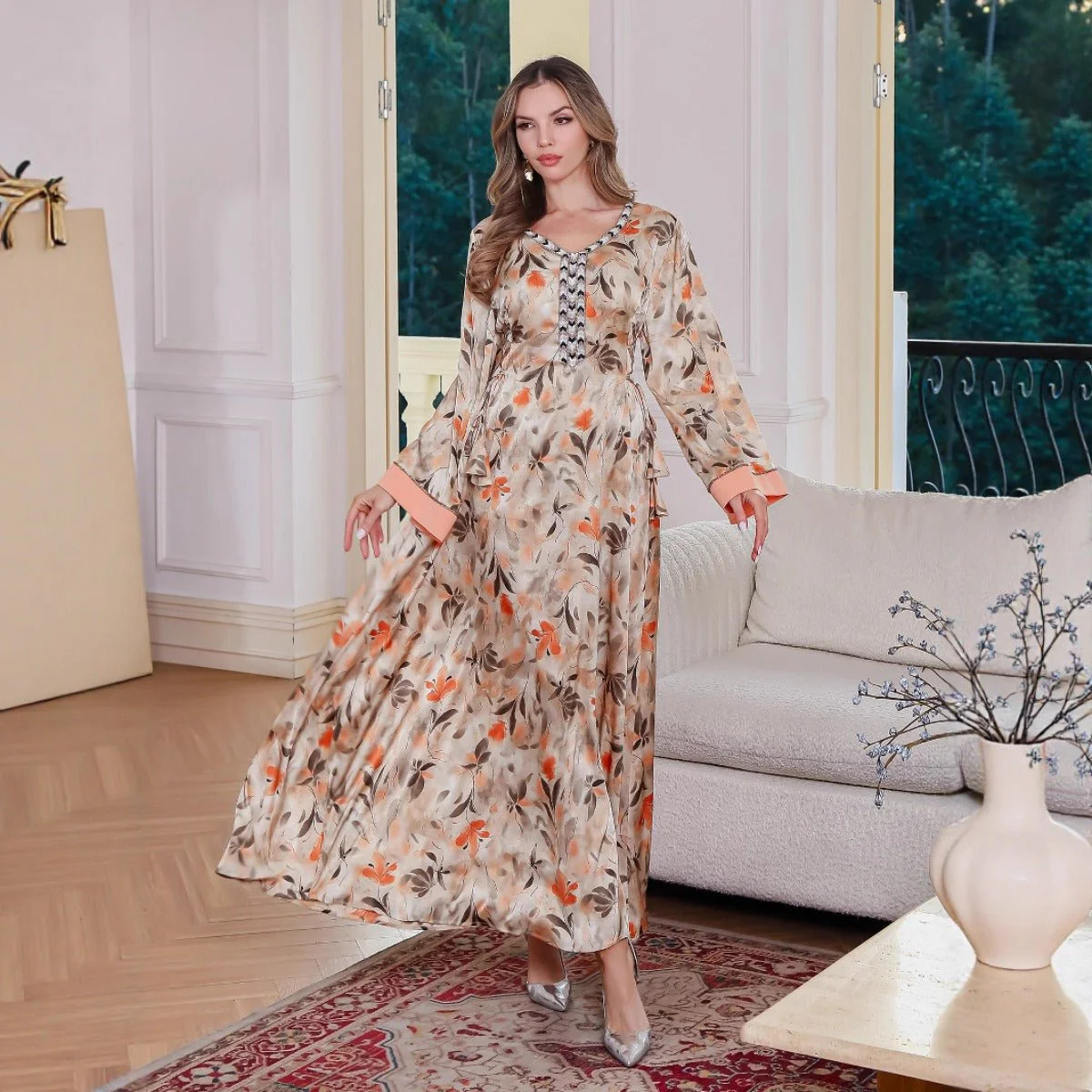 Modest Luxury Botanical Print Abaya | Cream & Orange Floral Robe Dress with Elegant Sleeve Details (MA260) - Image 2