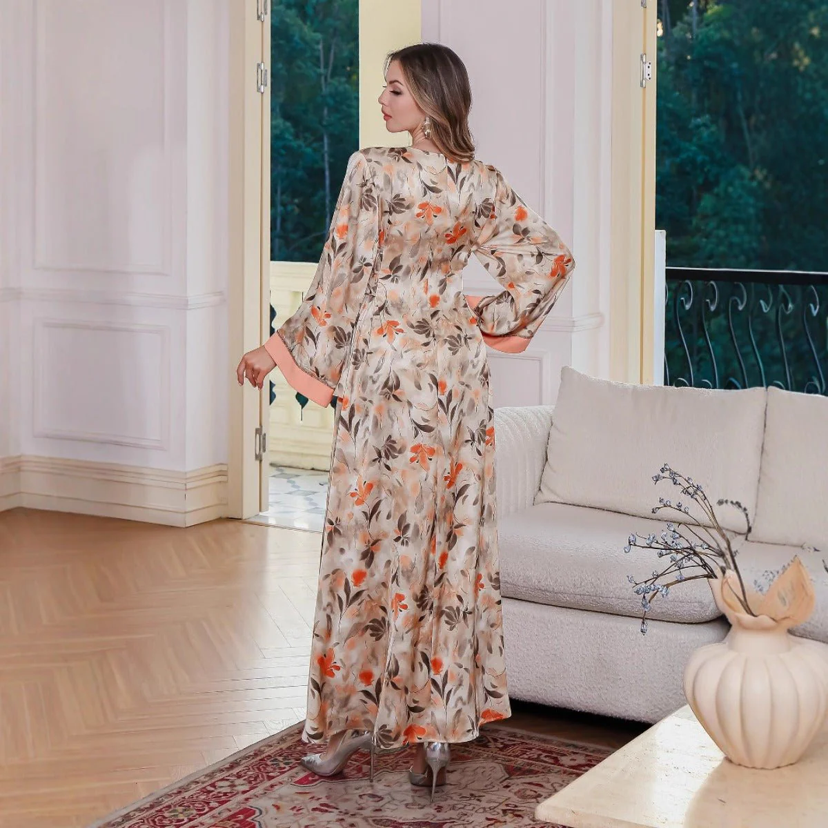 Modest Luxury Botanical Print Abaya | Cream & Orange Floral Robe Dress with Elegant Sleeve Details (MA260) - Image 4