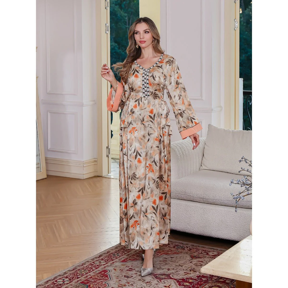 Modest Luxury Botanical Print Abaya | Cream & Orange Floral Robe Dress with Elegant Sleeve Details (MA260) - Image 5