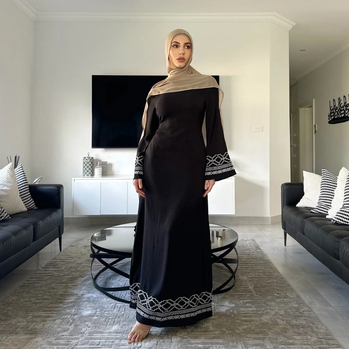 Modest Luxury Embroidered Flare Sleeve Abaya Collection | Muslim Dresses with White Geometric Embroidery (MA262) - Image 3