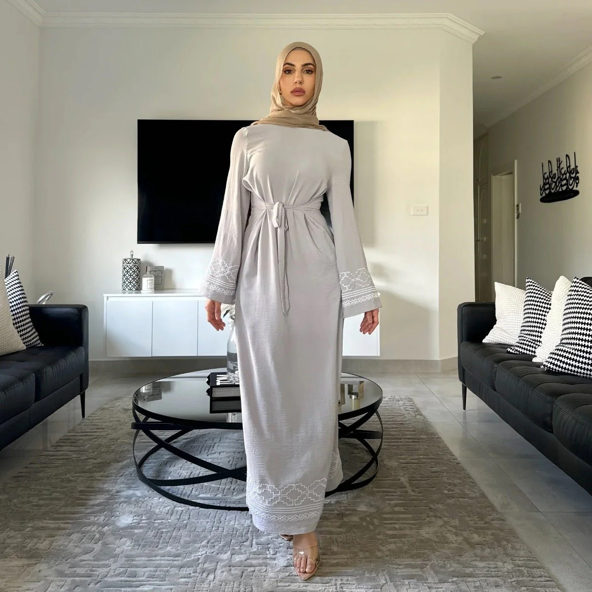 Modest Luxury Embroidered Flare Sleeve Abaya Collection | Muslim Dresses with White Geometric Embroidery (MA262) - Image 4