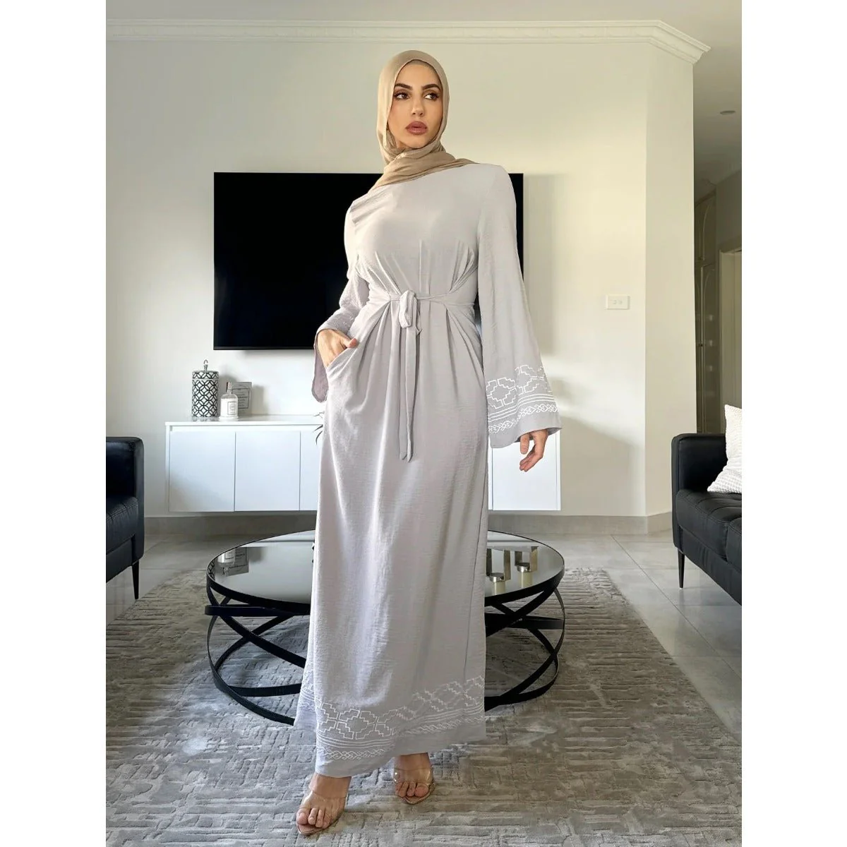 Modest Luxury Embroidered Flare Sleeve Abaya Collection | Muslim Dresses with White Geometric Embroidery (MA262) - Image 5