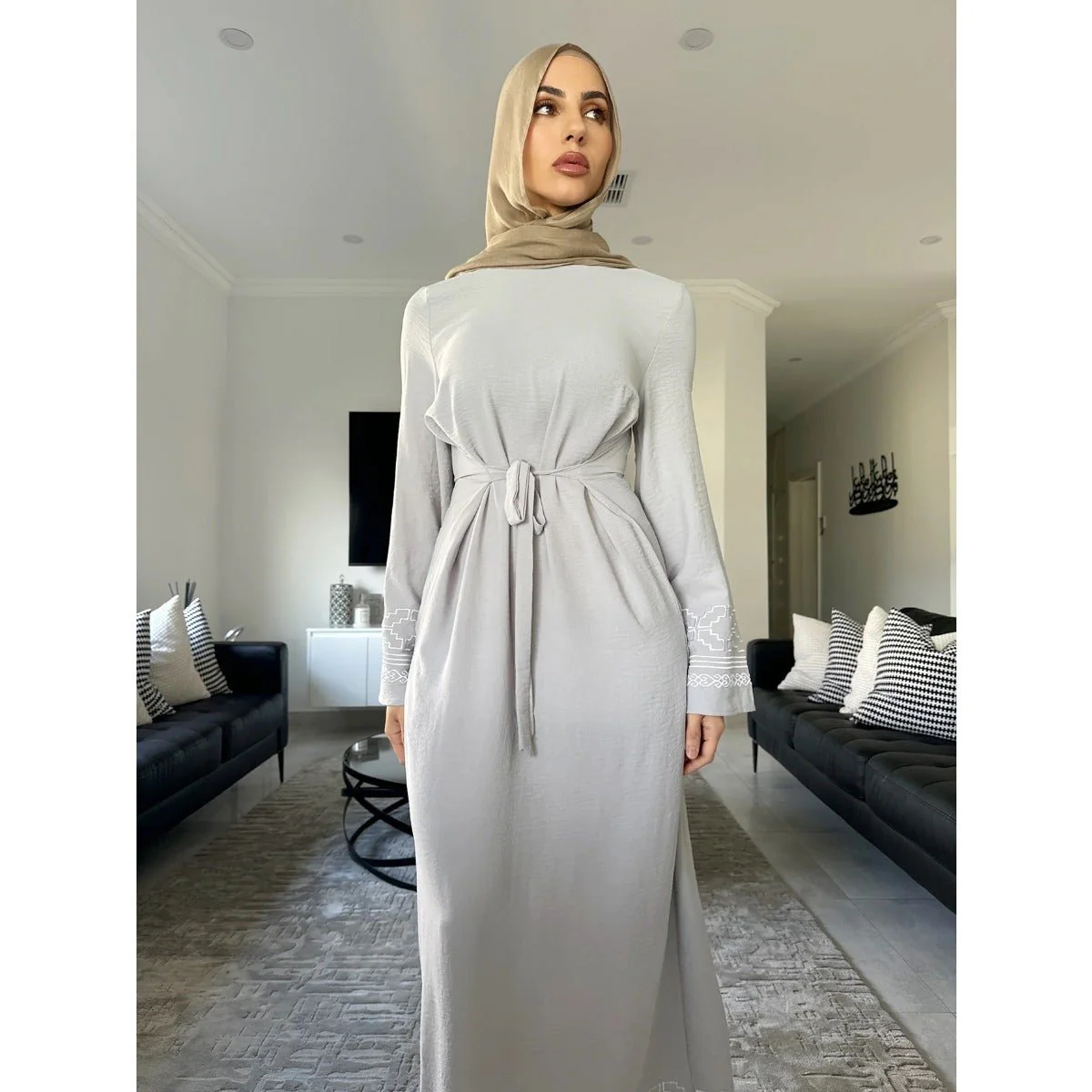 Modest Luxury Embroidered Flare Sleeve Abaya Collection | Muslim Dresses with White Geometric Embroidery (MA262) - Image 6