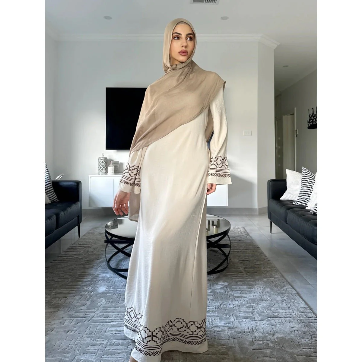 Modest Luxury Embroidered Flare Sleeve Abaya Collection | Muslim Dresses with White Geometric Embroidery (MA262) - Image 8
