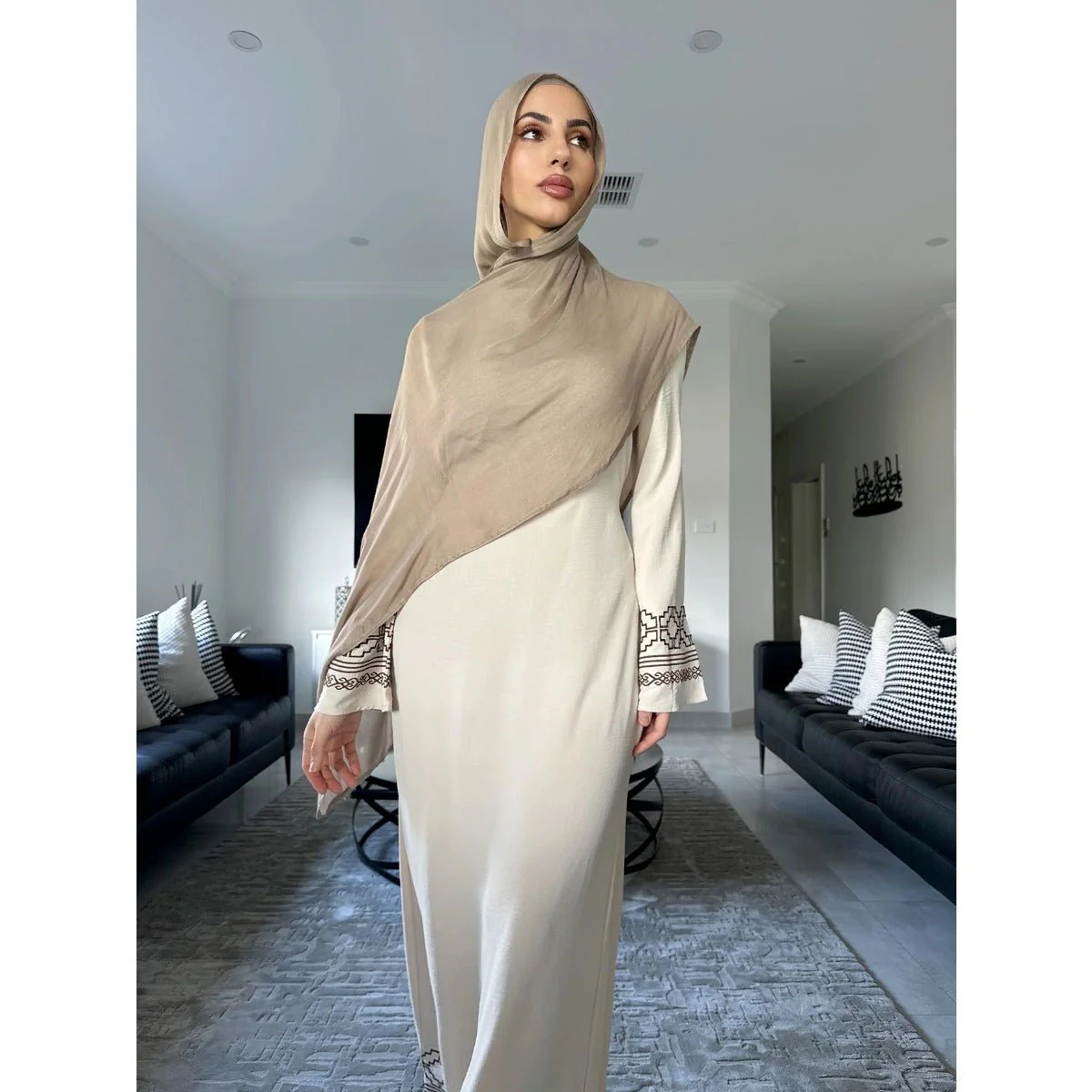 Modest Luxury Embroidered Flare Sleeve Abaya Collection | Muslim Dresses with White Geometric Embroidery (MA262) - Image 9