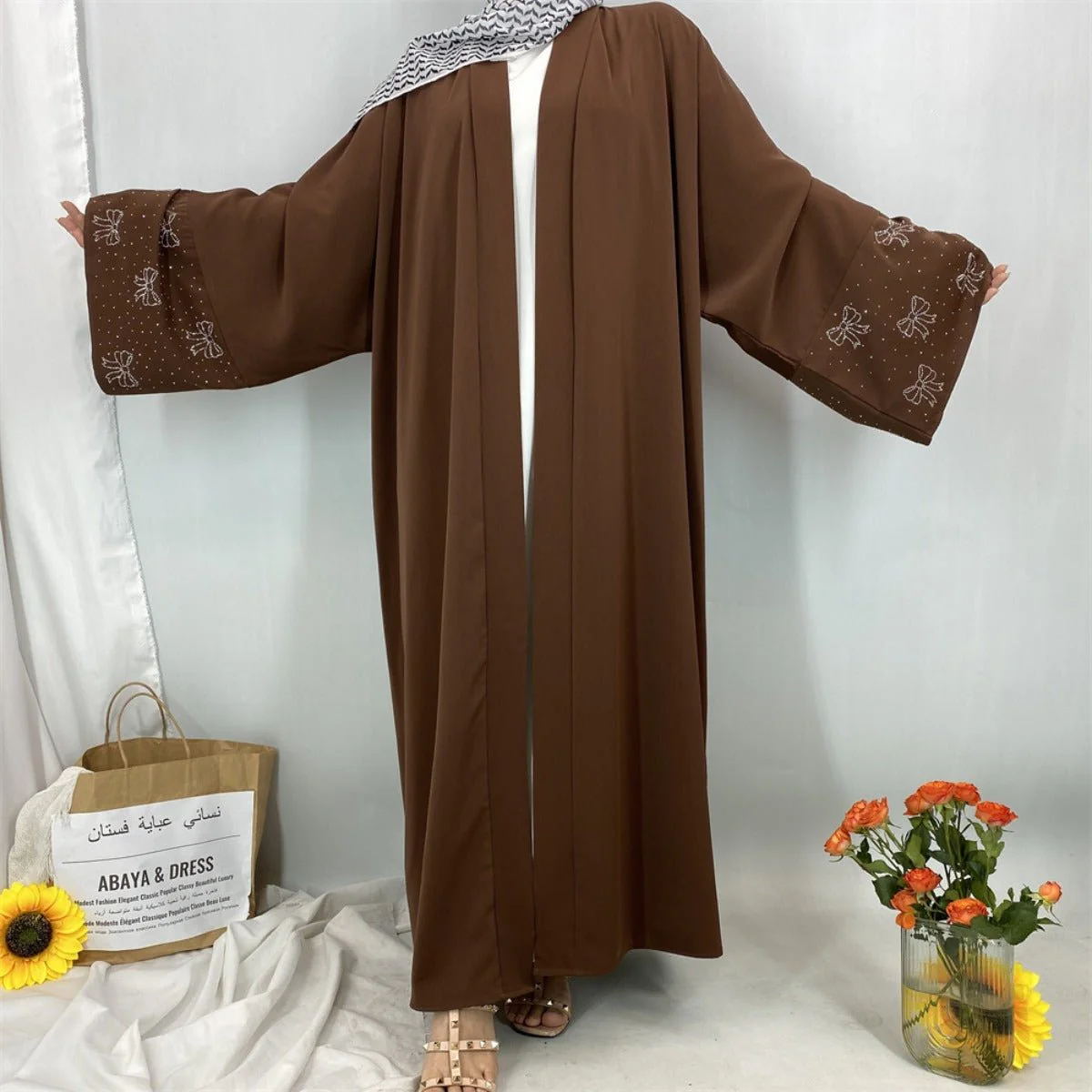 Modest Luxury Exquisite Transfer Diamond Printer Butterfly Sleeve Abaya (MOA206) - Image 10
