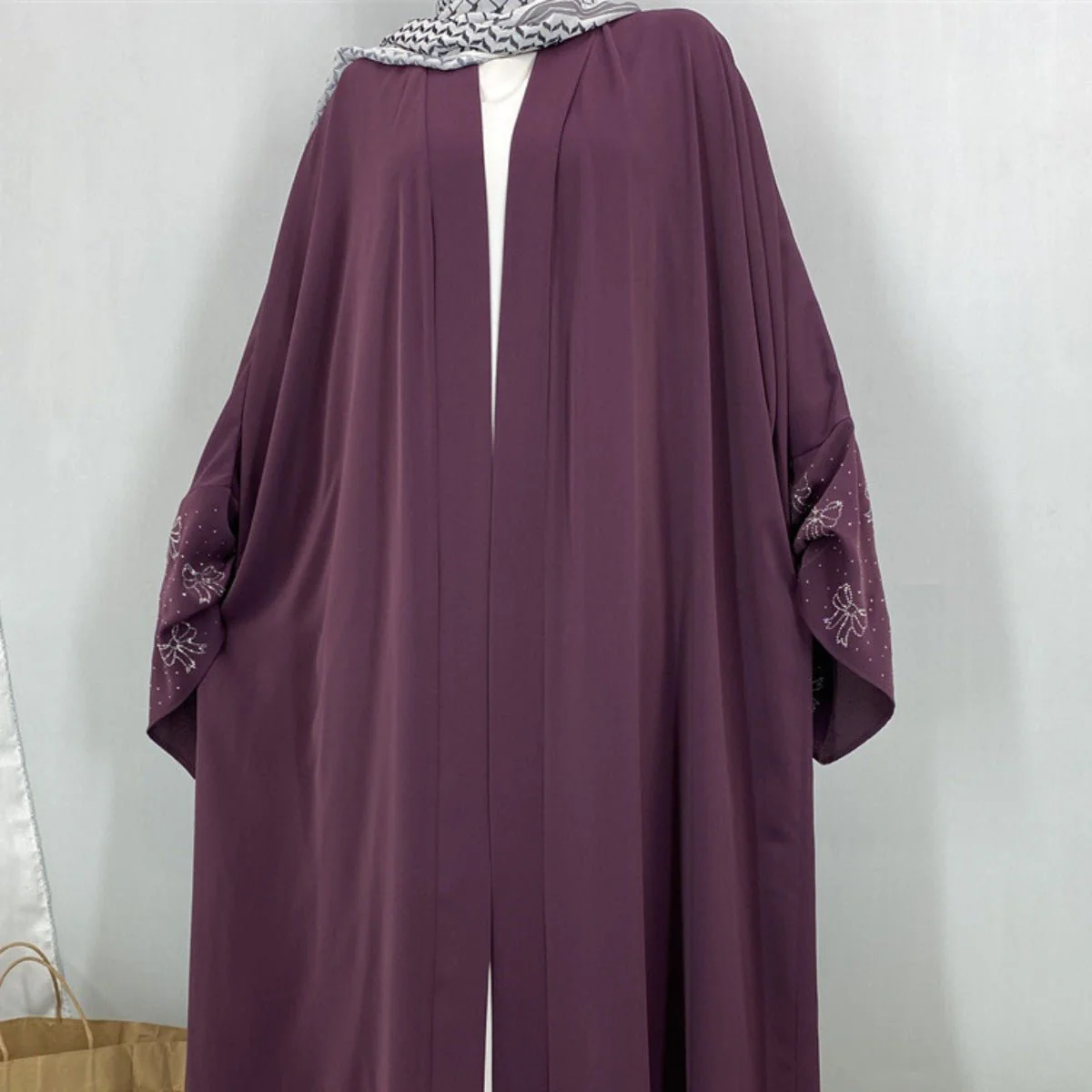 Modest Luxury Exquisite Transfer Diamond Printer Butterfly Sleeve Abaya (MOA206) - Image 2