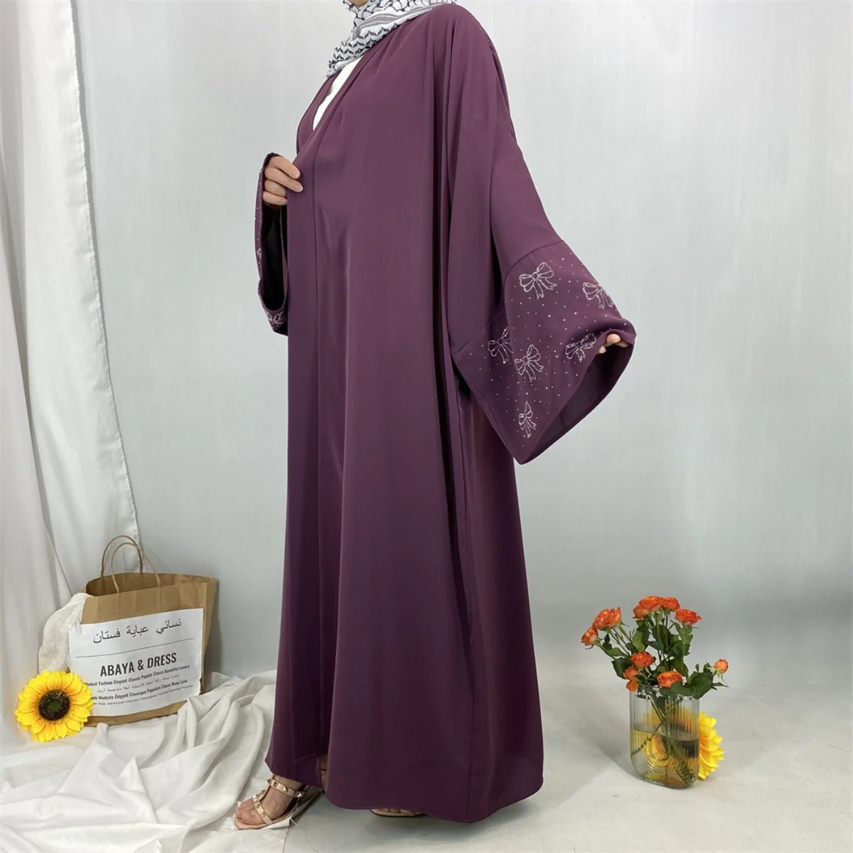 Modest Luxury Exquisite Transfer Diamond Printer Butterfly Sleeve Abaya (MOA206) - Image 3