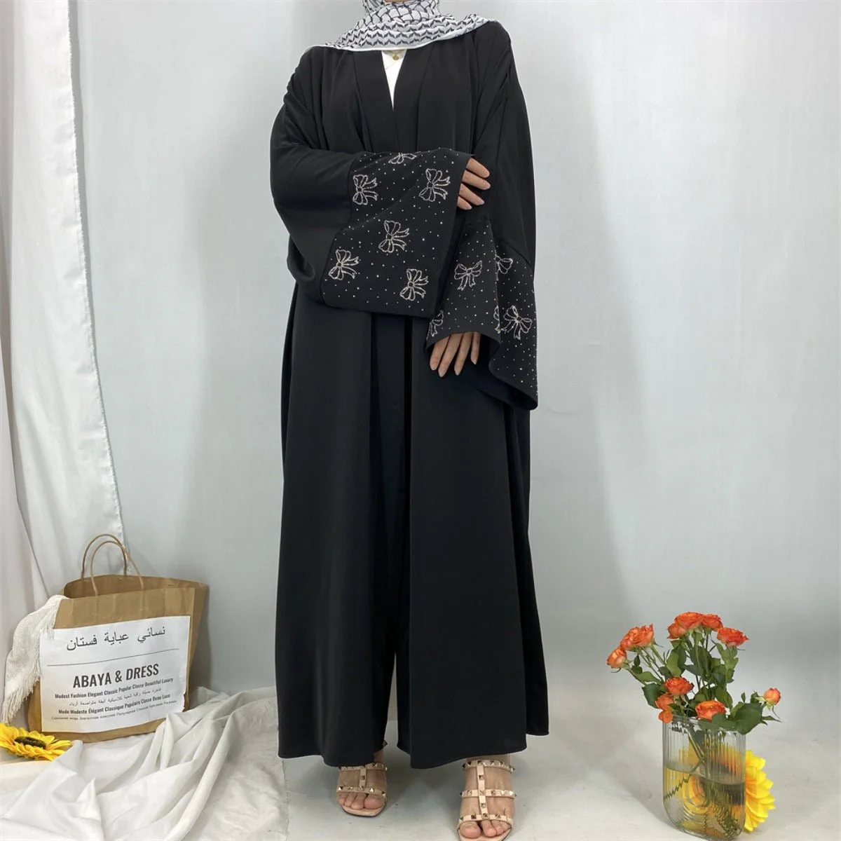 Modest Luxury Exquisite Transfer Diamond Printer Butterfly Sleeve Abaya (MOA206) - Image 5