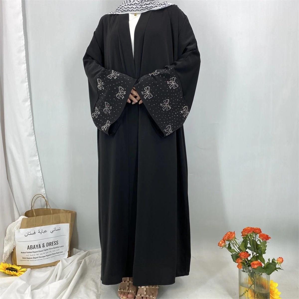 Modest Luxury Exquisite Transfer Diamond Printer Butterfly Sleeve Abaya (MOA206) - Image 6