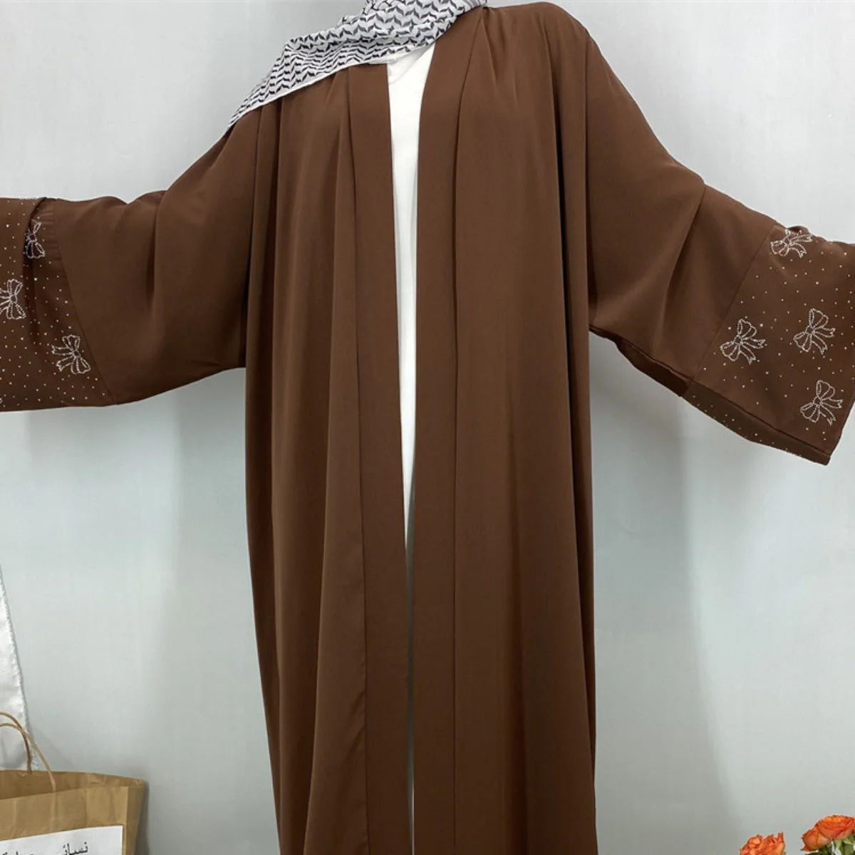 Modest Luxury Exquisite Transfer Diamond Printer Butterfly Sleeve Abaya (MOA206) - Image 7