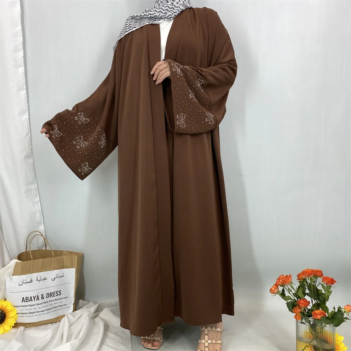 Modest Luxury Exquisite Transfer Diamond Printer Butterfly Sleeve Abaya (MOA206) - Image 9
