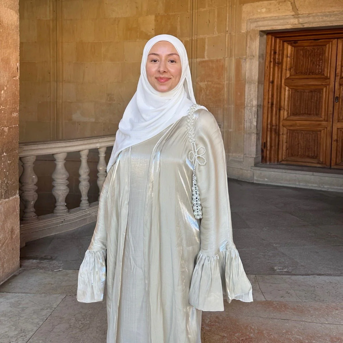 Modest Luxury Moonlight Glow Abaya Set | Cream White Two-Piece with Bell Sleeves (MOA189) - Image 3