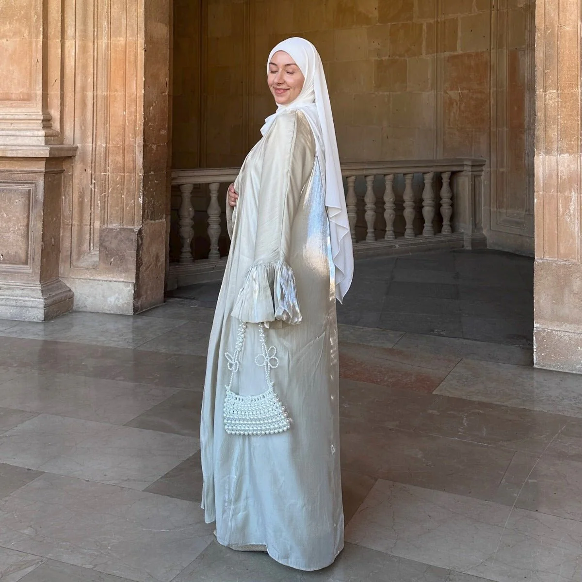 Modest Luxury Moonlight Glow Abaya Set | Cream White Two-Piece with Bell Sleeves (MOA189) - Image 4