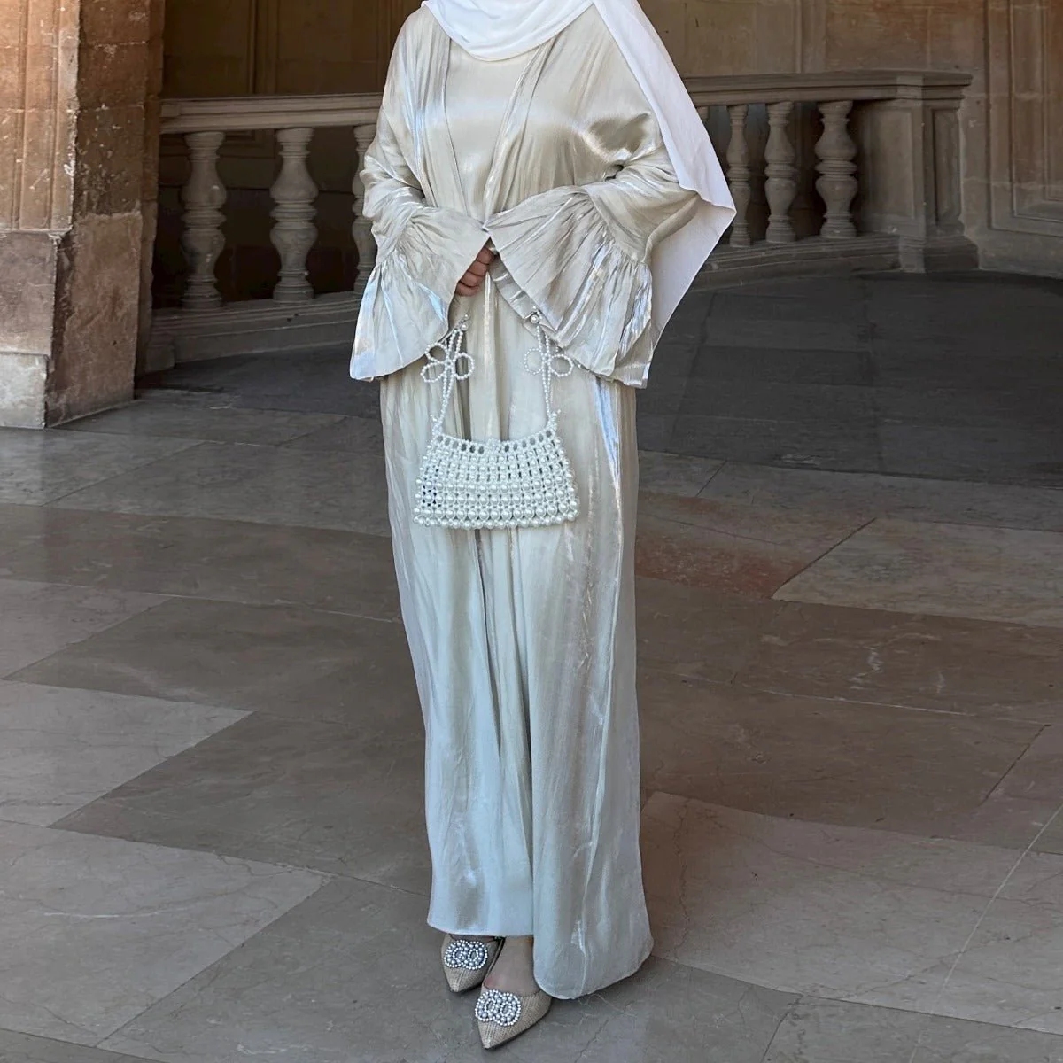 Modest Luxury Moonlight Glow Abaya Set | Cream White Two-Piece with Bell Sleeves (MOA189) - Image 5