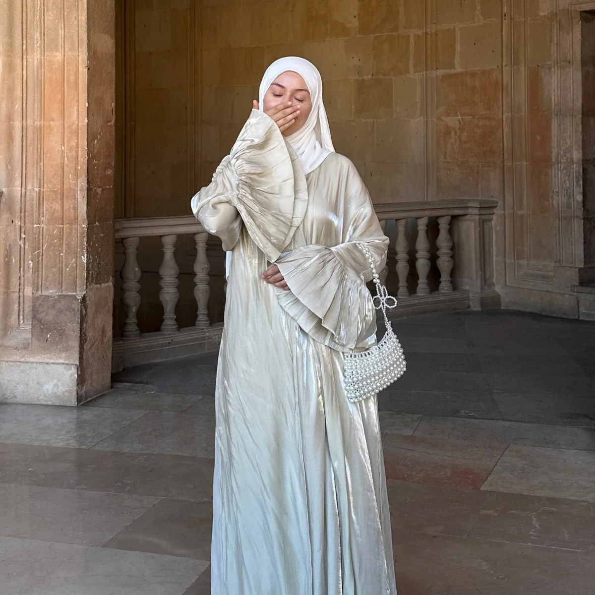 Modest Luxury Moonlight Glow Abaya Set | Cream White Two-Piece with Bell Sleeves (MOA189) - Image 6
