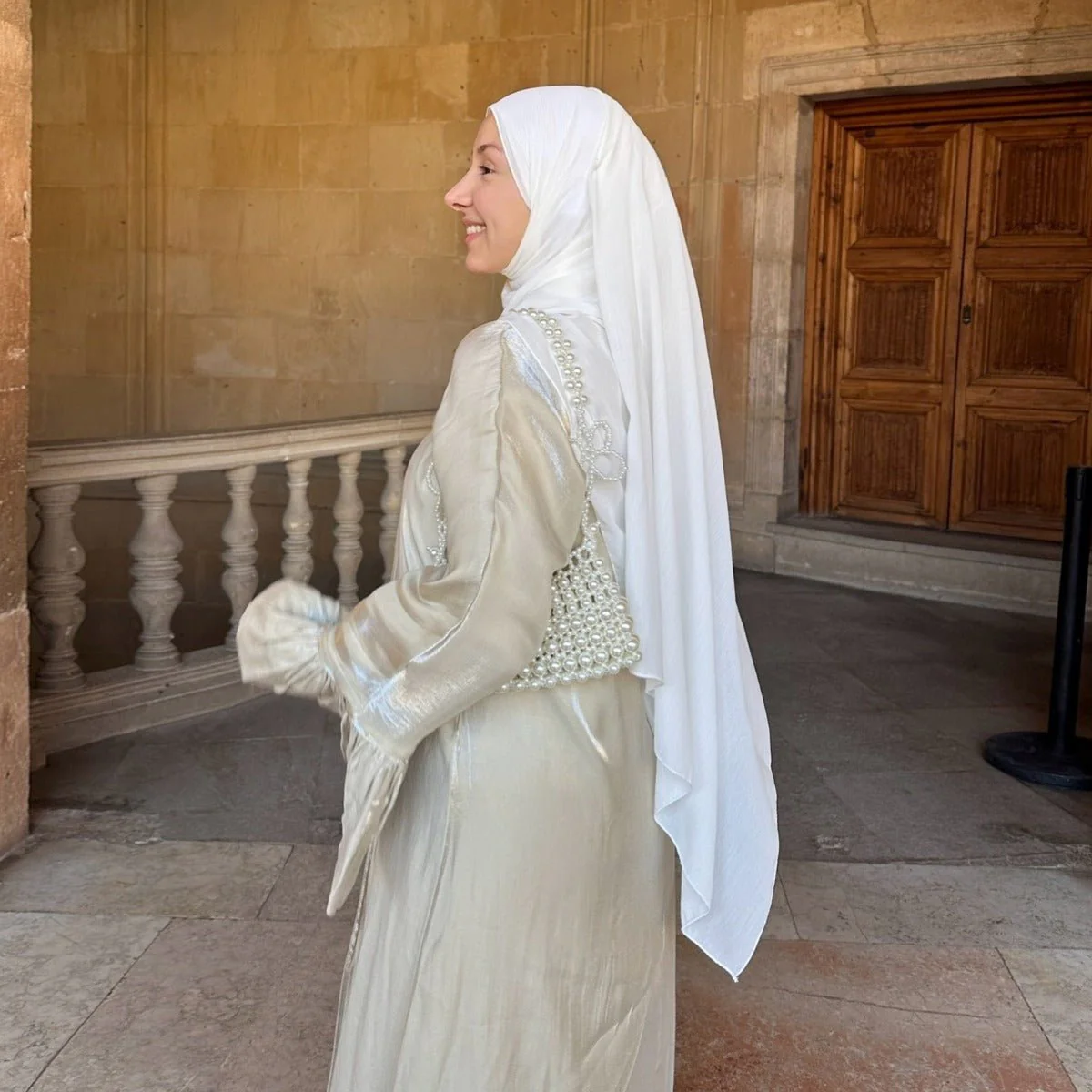 Modest Luxury Moonlight Glow Abaya Set | Cream White Two-Piece with Bell Sleeves (MOA189) - Image 7