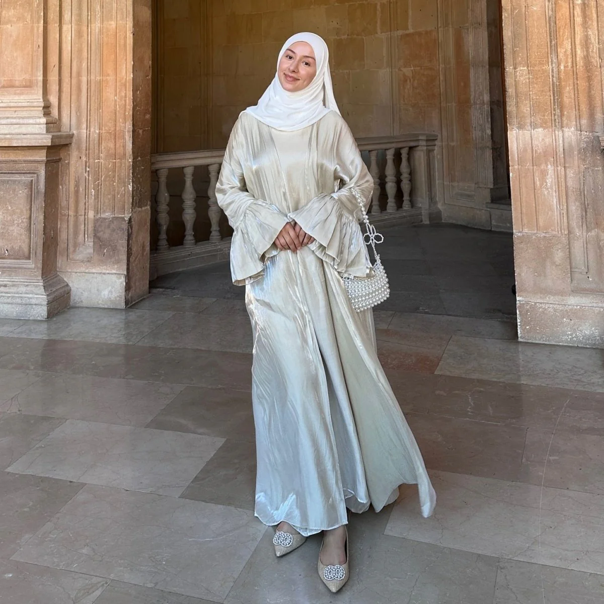 Modest Luxury Moonlight Glow Abaya Set | Cream White Two-Piece with Bell Sleeves (MOA189) - Image 8