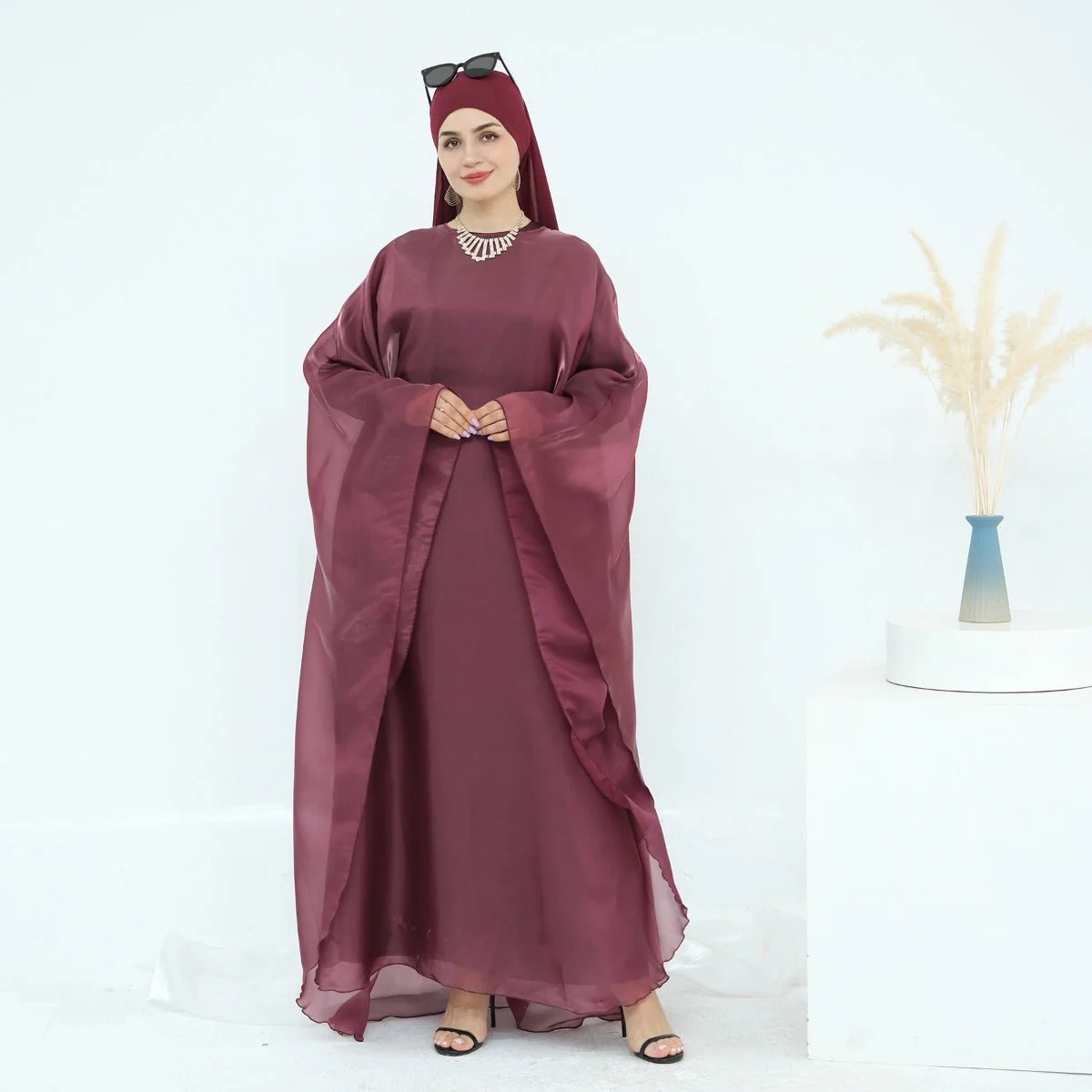 Modest Luxury Solid Color Robe Dress Set | Elegant Bell Sleeve Abaya (MA246) - Image 3