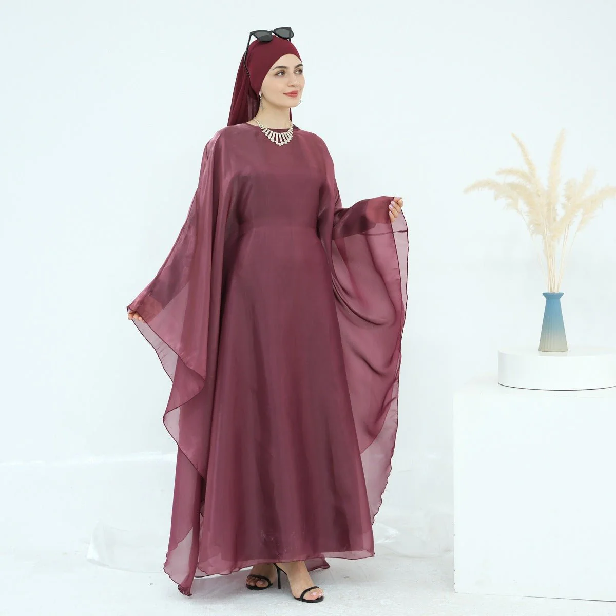 Modest Luxury Solid Color Robe Dress Set | Elegant Bell Sleeve Abaya (MA246) - Image 4