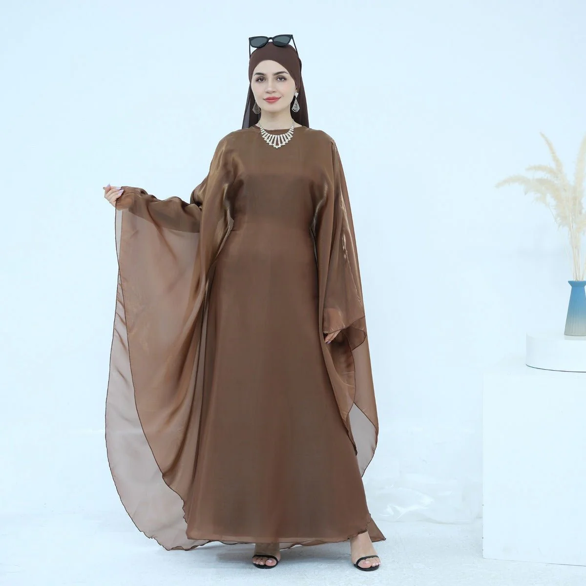 Modest Luxury Solid Color Robe Dress Set | Elegant Bell Sleeve Abaya (MA246) - Image 6