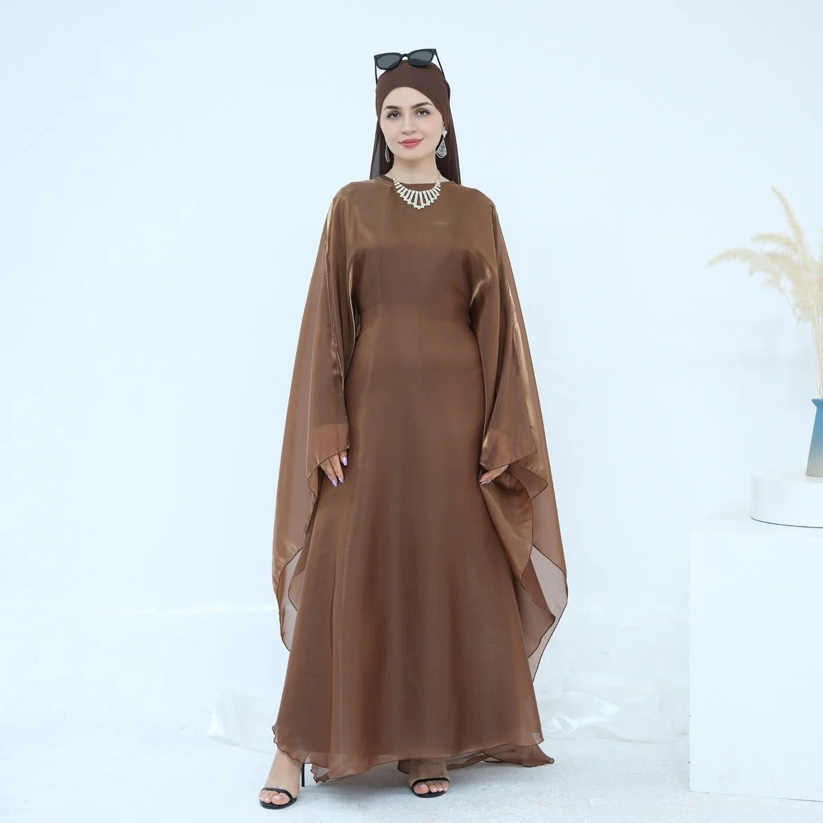 Modest Luxury Solid Color Robe Dress Set | Elegant Bell Sleeve Abaya (MA246) - Image 7