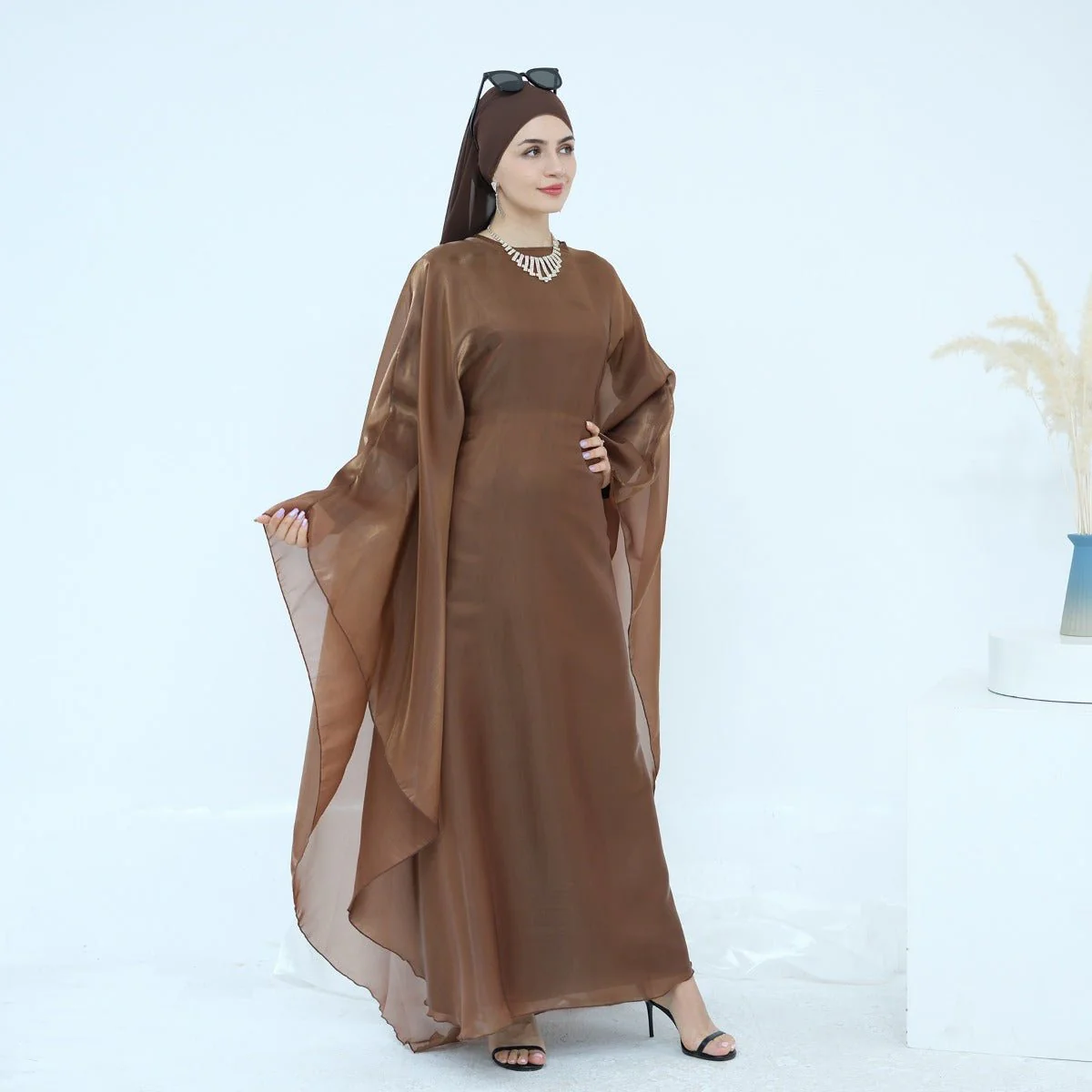 Modest Luxury Solid Color Robe Dress Set | Elegant Bell Sleeve Abaya (MA246) - Image 8