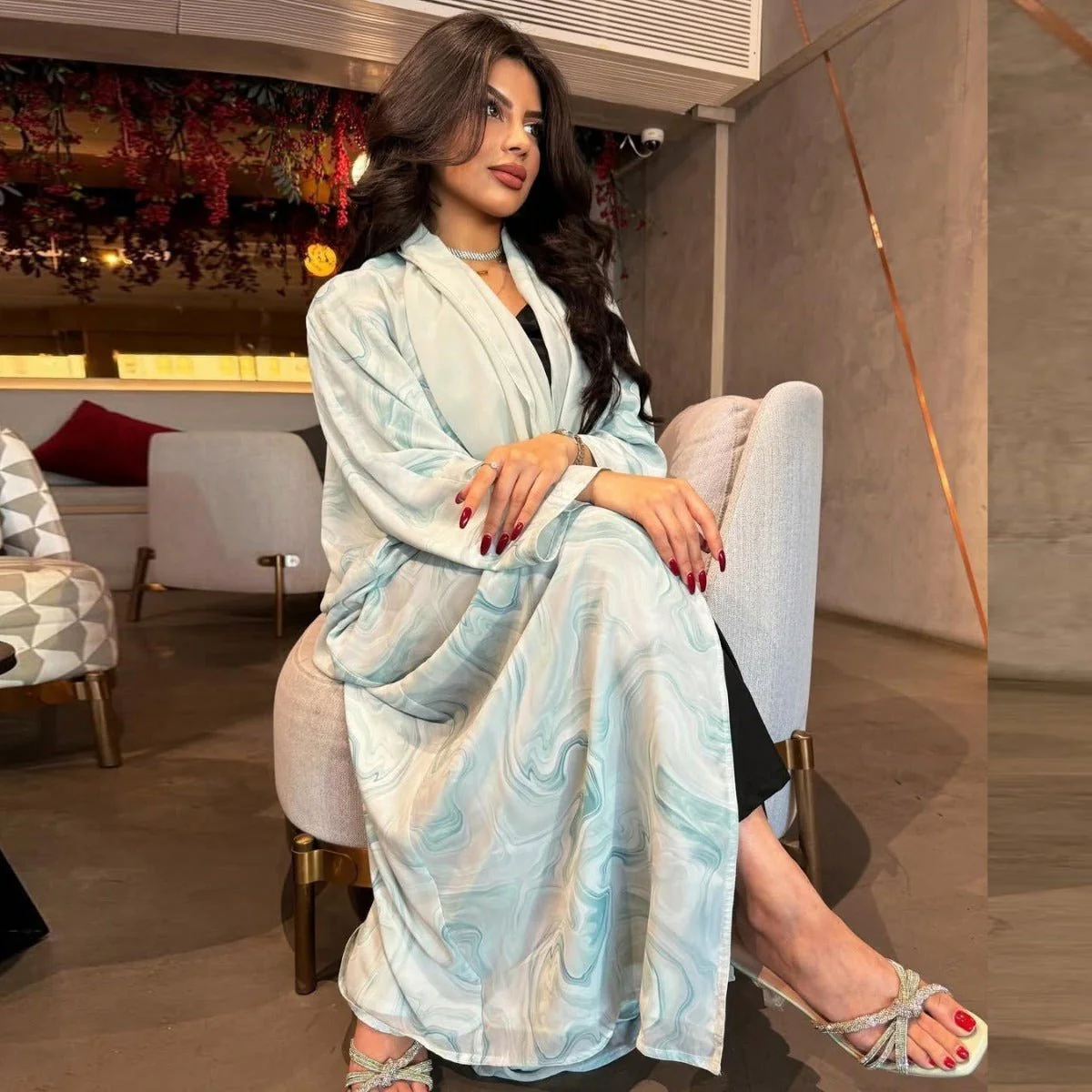Modest Luxury Spring/Summer Ocean Breeze Abaya Set | Water Ripple Print Chiffon Cardigan with Matching Hijab (MOA176) - Image 3