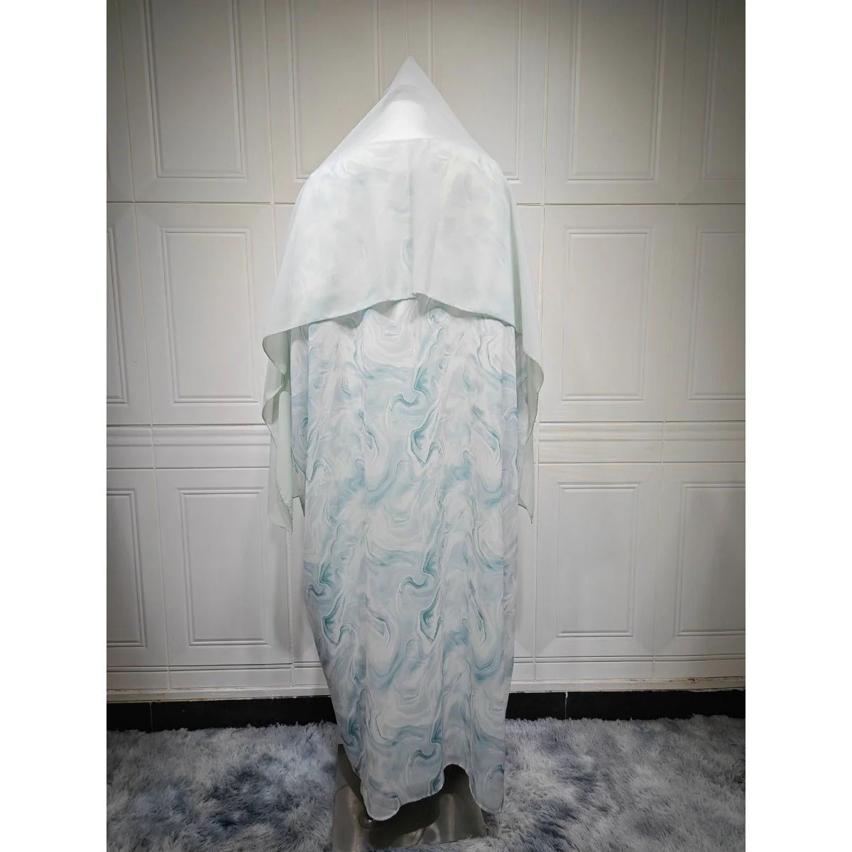Modest Luxury Spring/Summer Ocean Breeze Abaya Set | Water Ripple Print Chiffon Cardigan with Matching Hijab (MOA176) - Image 4