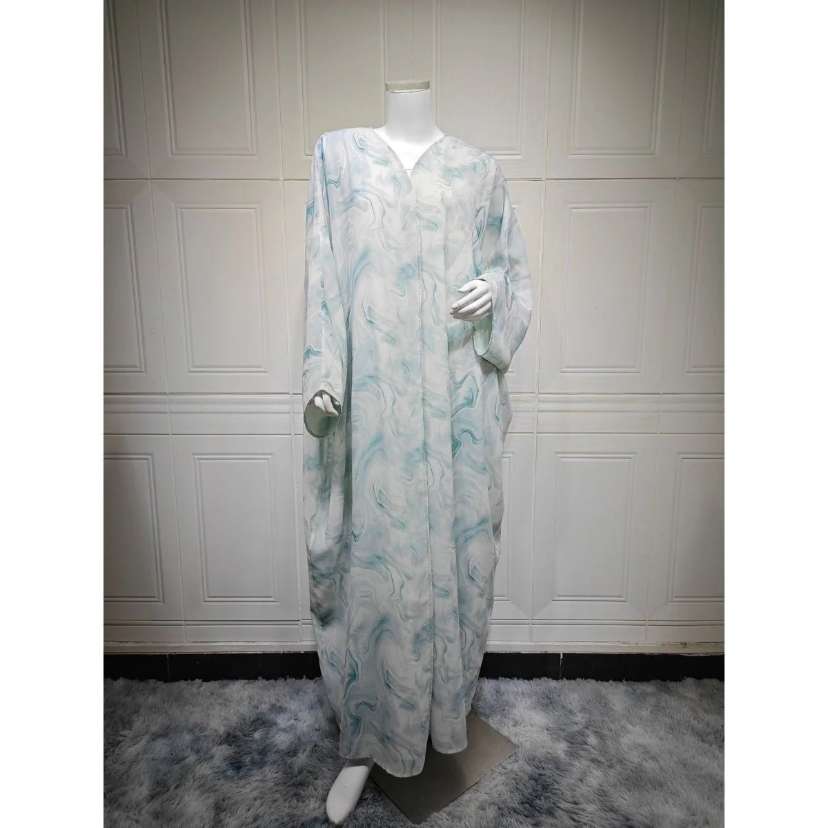 Modest Luxury Spring/Summer Ocean Breeze Abaya Set | Water Ripple Print Chiffon Cardigan with Matching Hijab (MOA176) - Image 5