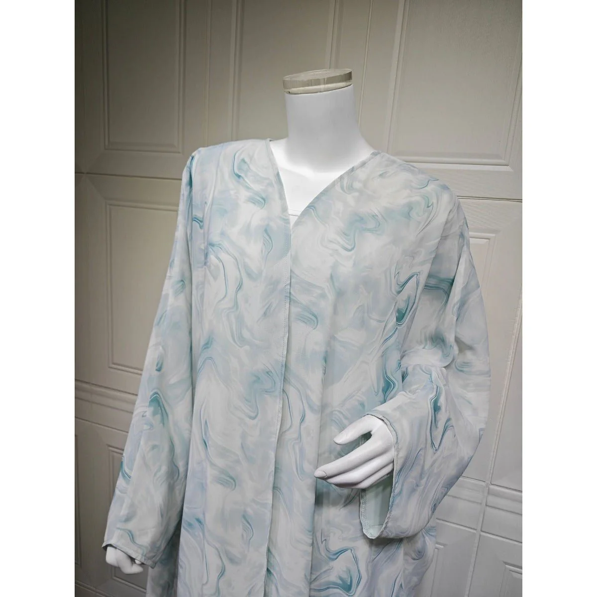 Modest Luxury Spring/Summer Ocean Breeze Abaya Set | Water Ripple Print Chiffon Cardigan with Matching Hijab (MOA176) - Image 6