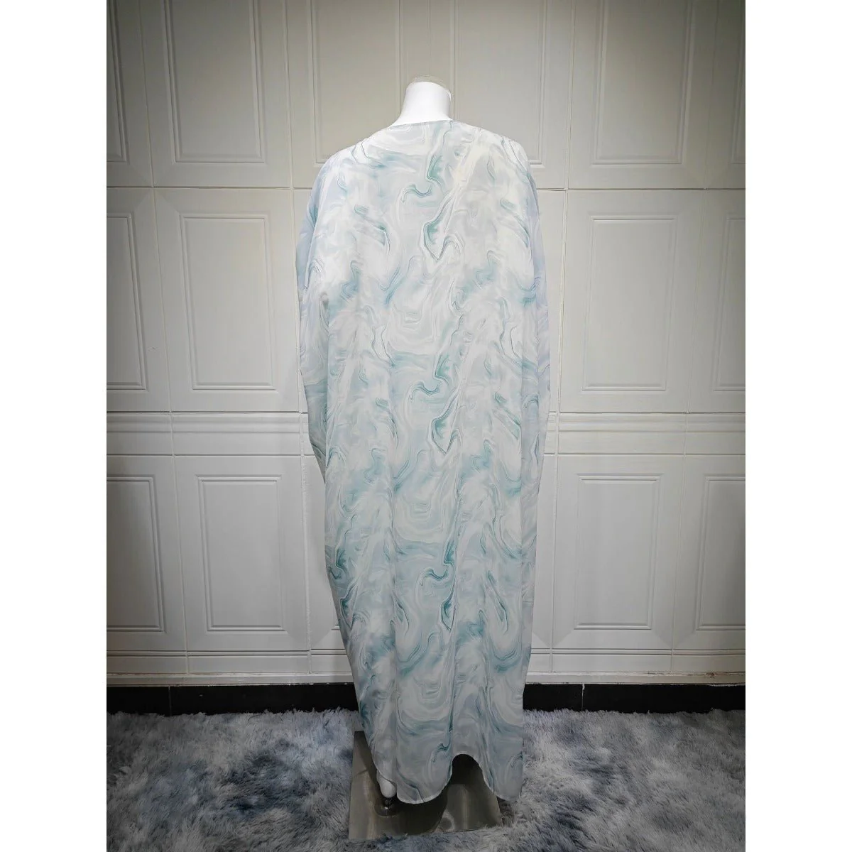 Modest Luxury Spring/Summer Ocean Breeze Abaya Set | Water Ripple Print Chiffon Cardigan with Matching Hijab (MOA176) - Image 8
