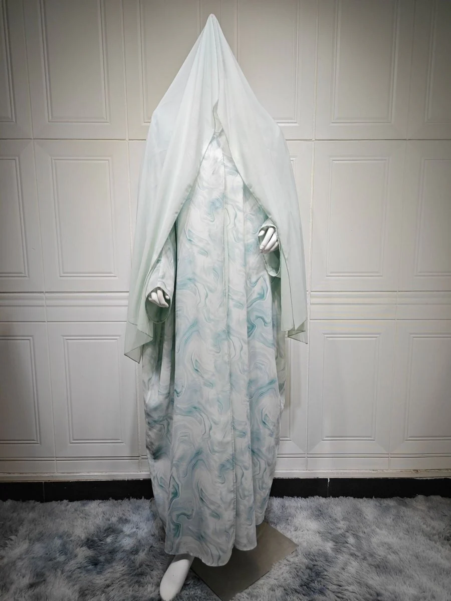 Modest Luxury Spring/Summer Ocean Breeze Abaya Set | Water Ripple Print Chiffon Cardigan with Matching Hijab (MOA176) - Image 9